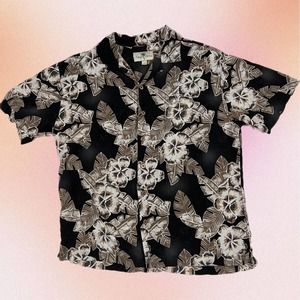 Island Shores Black/White/Brown Large Floral Flower Button Up Hawaiian Shirt